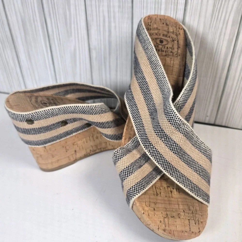 Lucky Brand LK-MILLER2‎ Striped Cork Wedge Sandals Blue Beige Womens 8.5M